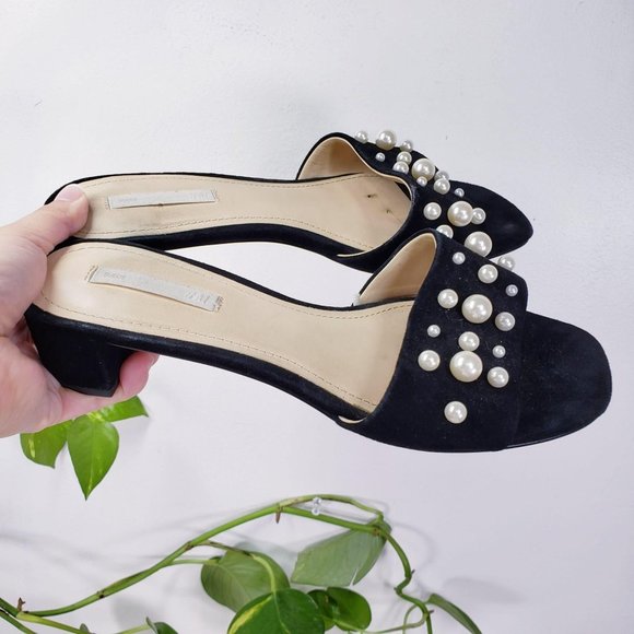 H&M Sandal Premium Black Suede Pearl Mules Slides 7 - Picture 3 of 11
